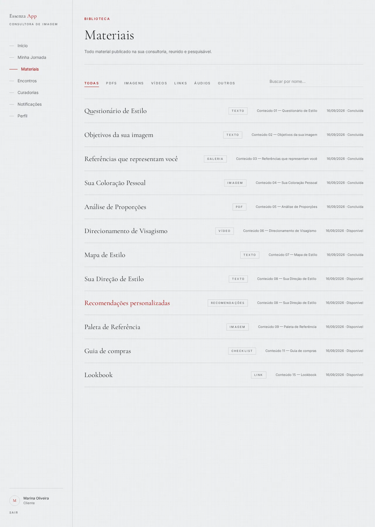 Biblioteca de materiais da cliente no Essenza App